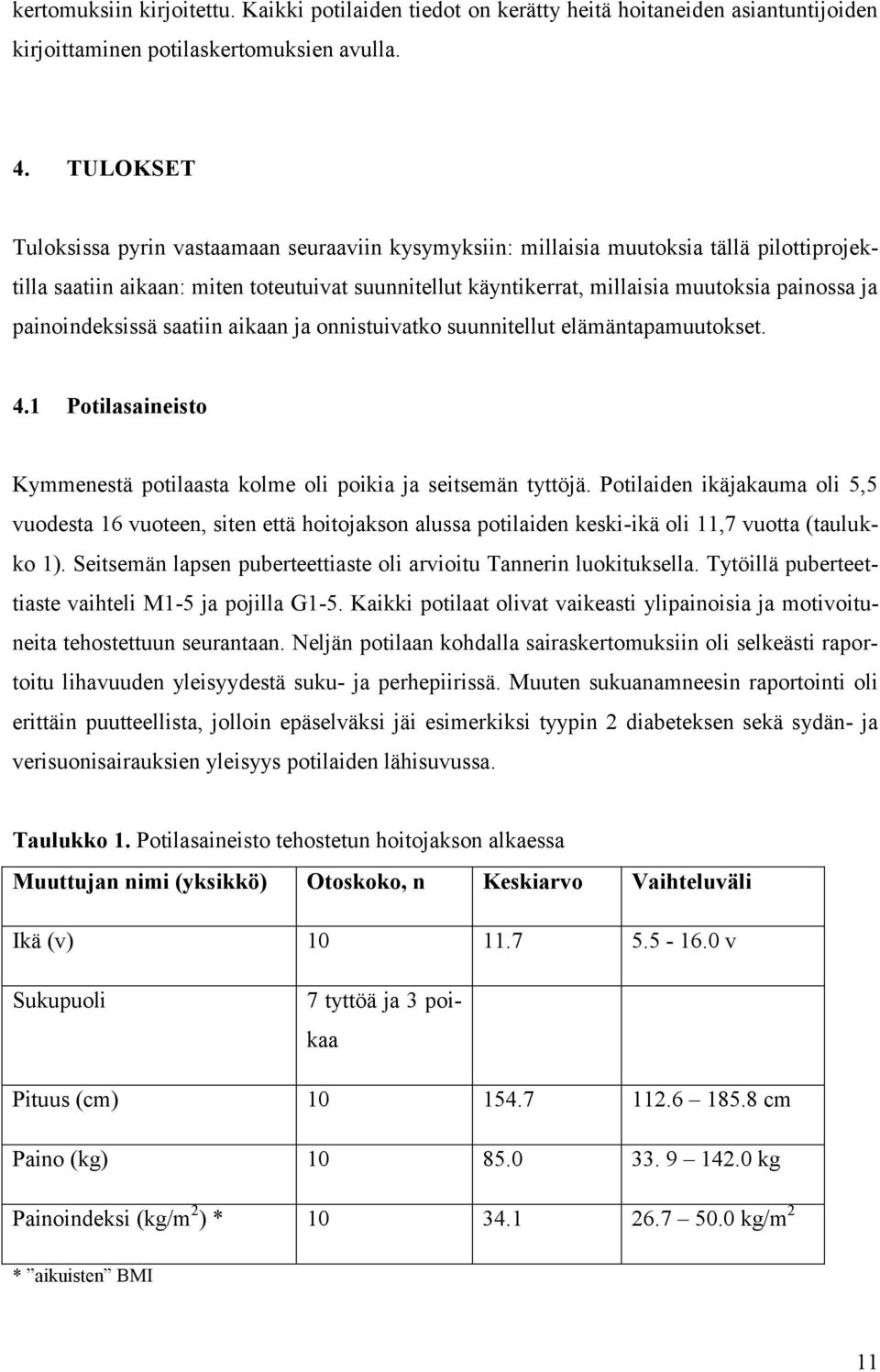 painoindeksissä saatiin aikaan ja onnistuivatko suunnitellut elämäntapamuutokset. 4.1 Potilasaineisto Kymmenestä potilaasta kolme oli poikia ja seitsemän tyttöjä.