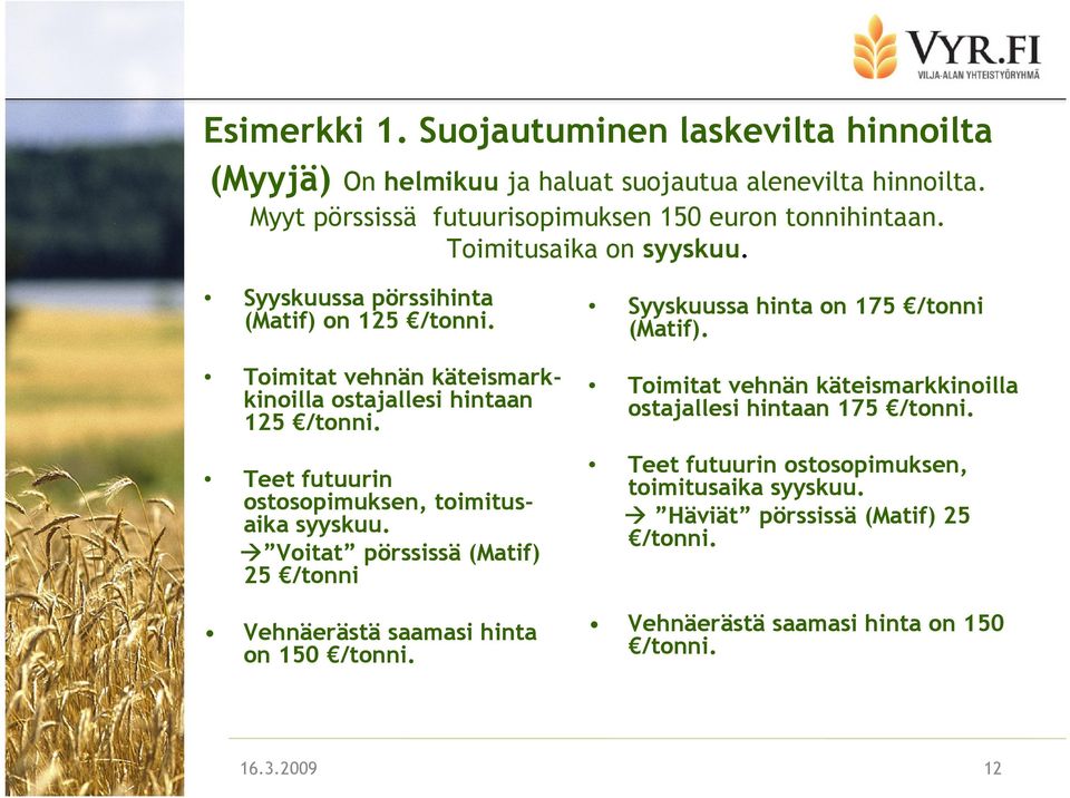 Teet futuurin ostosopimuksen, toimitusaika syyskuu. Voitat pörssissä (Matif) 25 /tonni Vehnäerästä saamasi hinta on 150 /tonni. Syyskuussa hinta on 175 /tonni (Matif).