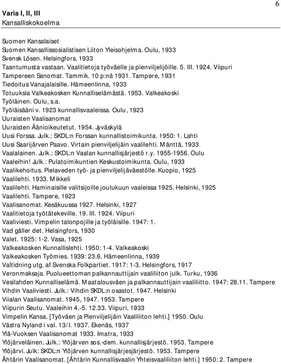 1923 kunnallisvaaleissa. Oulu, 1923 Uuraisten Vaalisanomat Uuraisten Äänioikeutetut. 1954. Jyväskylä Uusi Forssa. Julk.: SKDL:n Forssan kunnallistoimikunta. 1950: 1. Lahti Uusi Saarijärven Paavo.