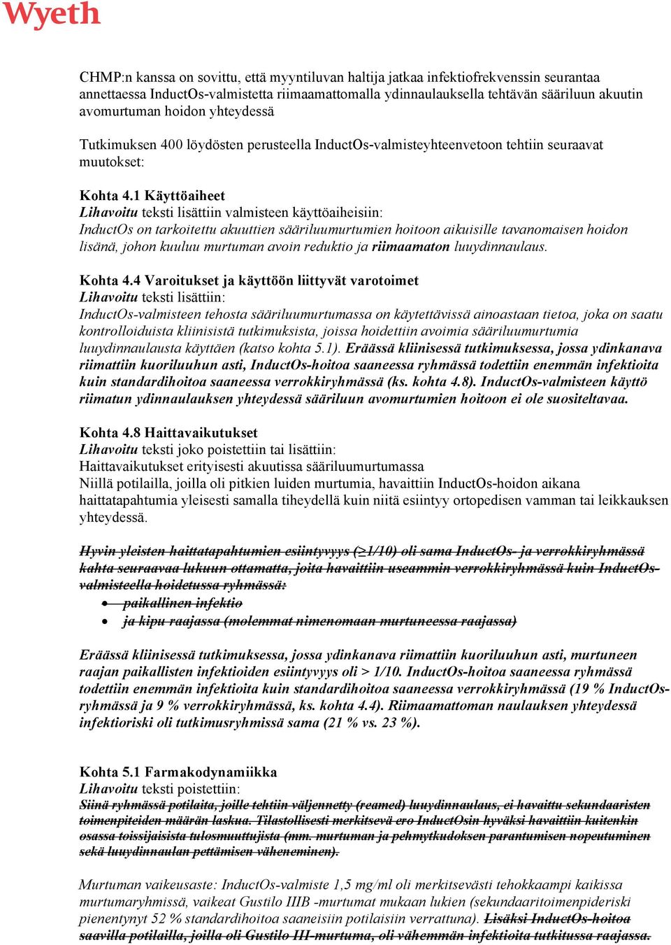 1 Käyttöaiheet Lihavoitu teksti lisättiin valmisteen käyttöaiheisiin: InductOs on tarkoitettu akuuttien sääriluumurtumien hoitoon aikuisille tavanomaisen hoidon lisänä, johon kuuluu murtuman avoin