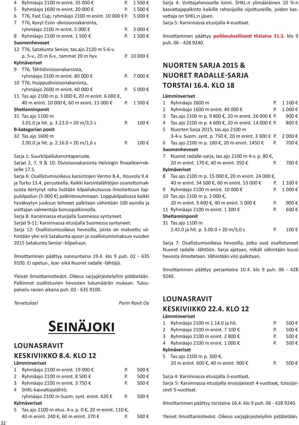, tammat 20 m hyv. P. 10 000 9 T76, Tähtidivisioonakarsinta, ryhmäajo 2100 m enint. 80 000 P. 7 000 10 T76, Huippudivisioonakarsinta, ryhmäajo 2600 m enint. 40 000 P. 5 000 11 Tas.ajo 2100 m p.