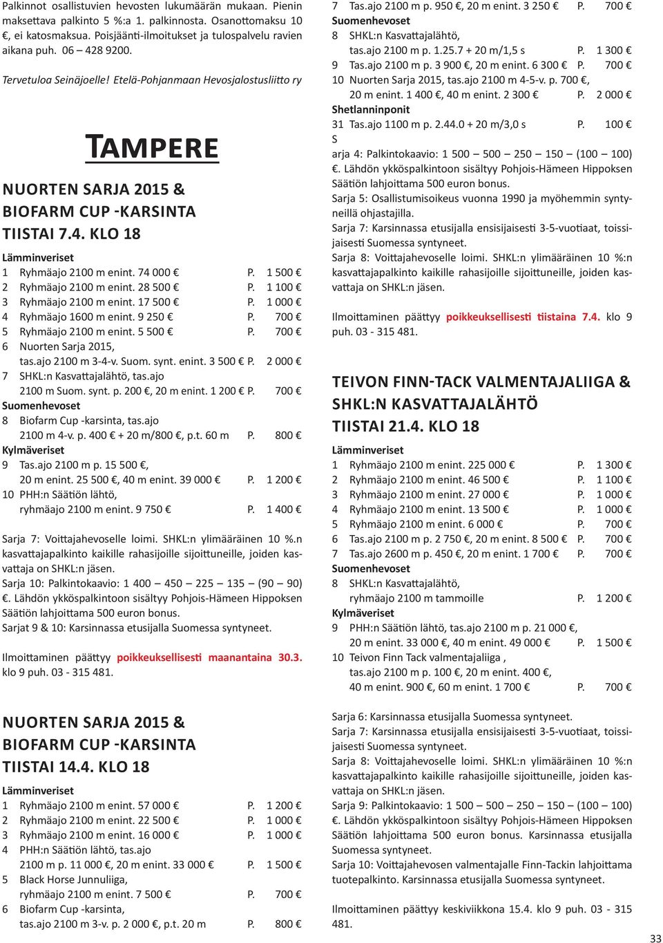 1 500 2 Ryhmäajo 2100 m enint. 28 500 P. 1 100 3 Ryhmäajo 2100 m enint. 17 500 P. 1 000 4 Ryhmäajo 1600 m enint. 9 250 P. 700 5 Ryhmäajo 2100 m enint. 5 500 P. 700 6 Nuorten Sarja 2015, tas.