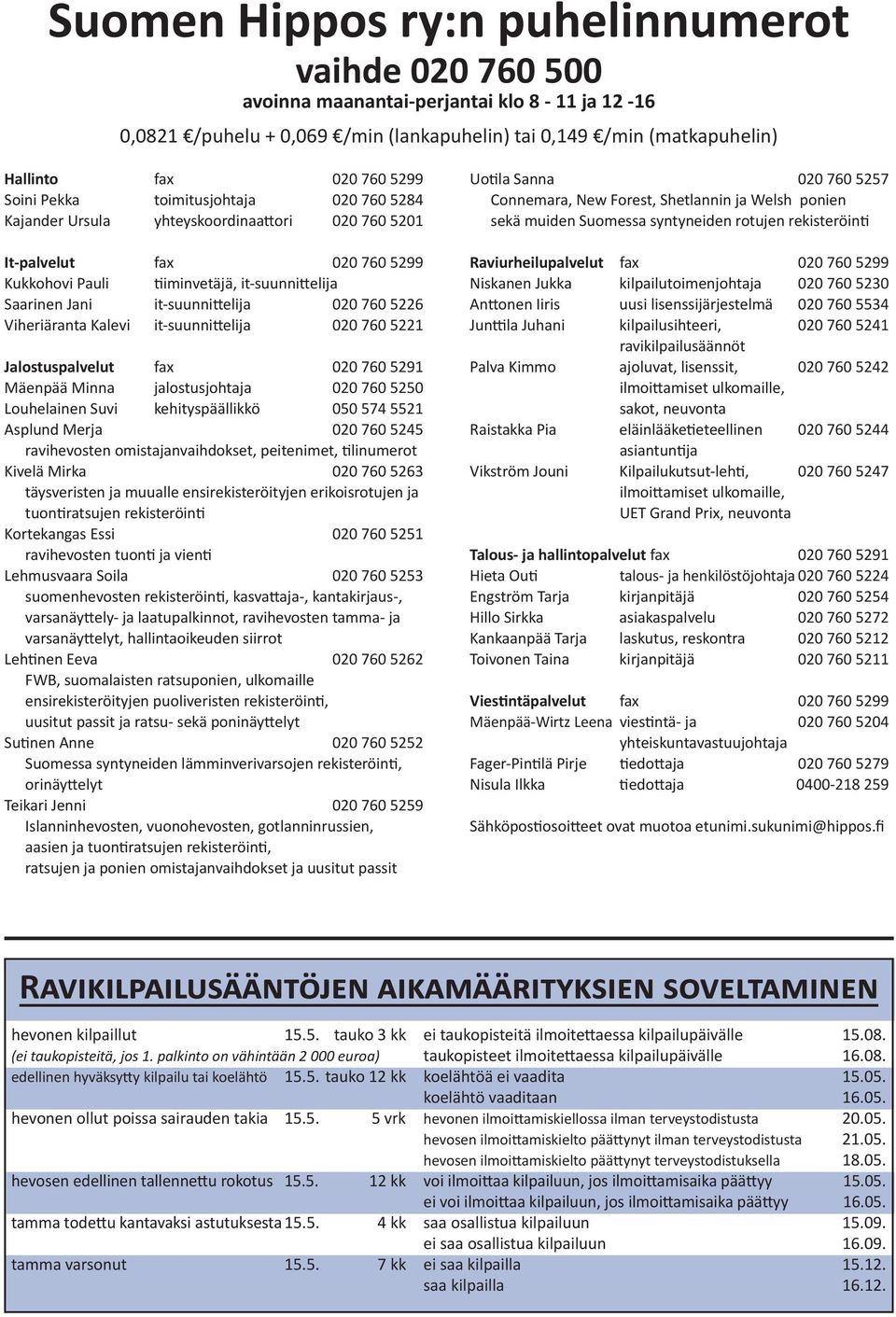 020 760 5226 Viheriäranta Kalevi it-suunnittelija 020 760 5221 Jalostuspalvelut fax 020 760 5291 Mäenpää Minna jalostusjohtaja 020 760 5250 Louhelainen Suvi kehityspäällikkö 050 574 5521 Asplund
