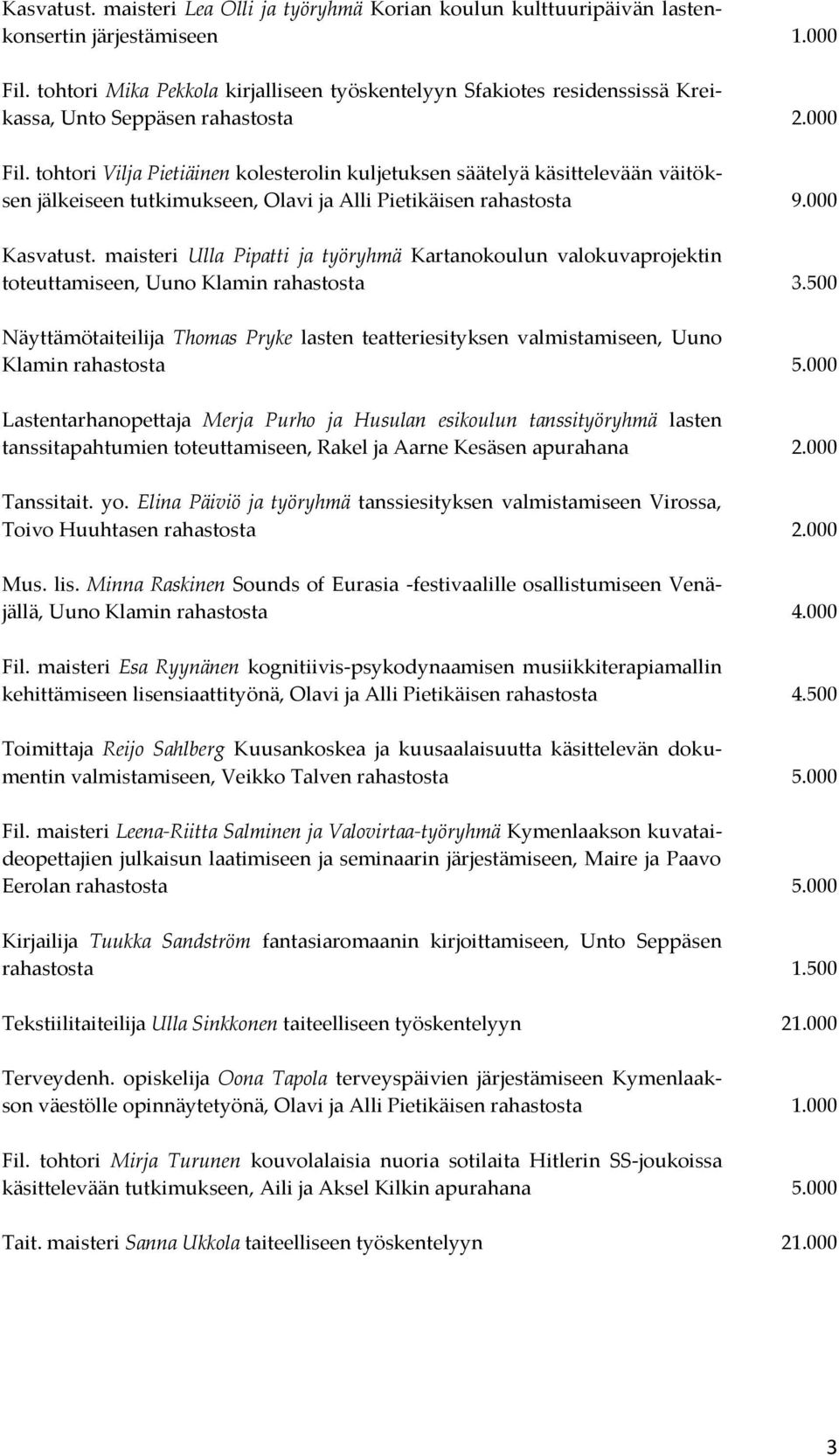 tohtori Vilja Pietiäinen kolesterolin kuljetuksen säätelyä käsittelevään väitöksen jälkeiseen tutkimukseen, Olavi ja Alli Pietikäisen rahastosta 9.000 Kasvatust.