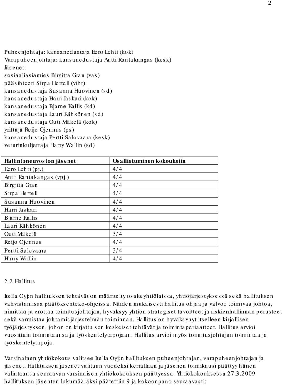 (ps) kansanedustaja Pertti Salovaara (kesk) veturinkuljettaja Harry Wallin (sd) Hallintoneuvoston jäsenet Osallistuminen kokouksiin Eero Lehti (pj.) 4/4 Antti Rantakangas (vpj.