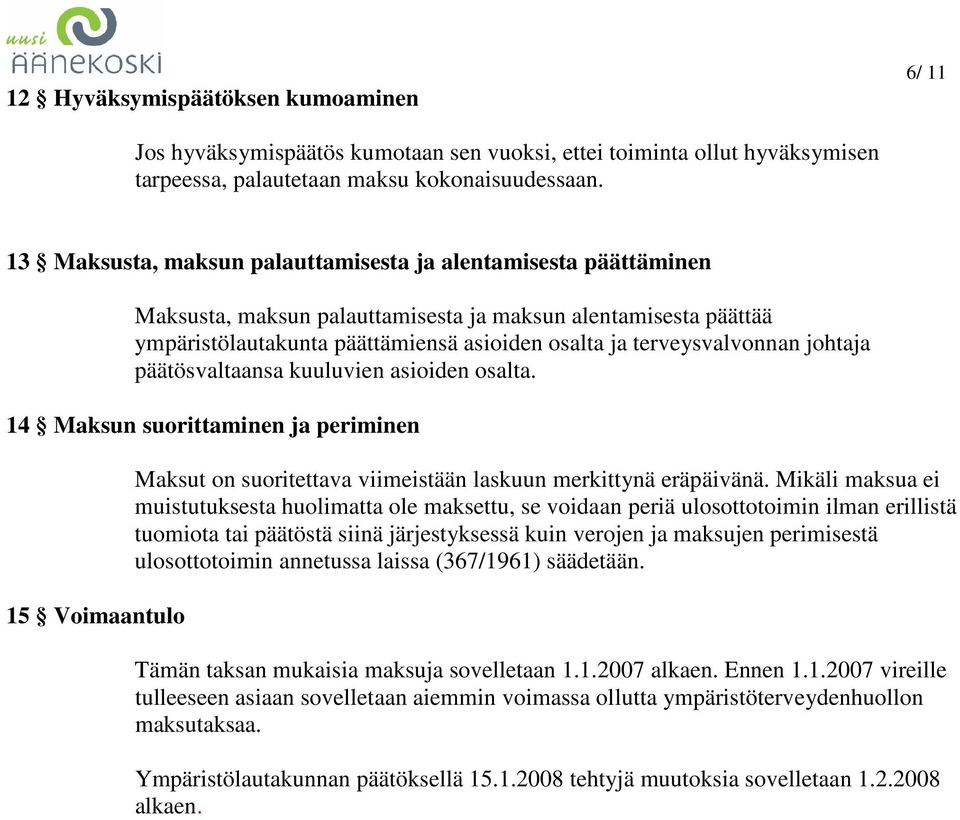 johtaja päätösvaltaansa kuuluvien asioiden osalta. 14 Maksun suorittaminen ja periminen 15 Voimaantulo Maksut on suoritettava viimeistään laskuun merkittynä eräpäivänä.