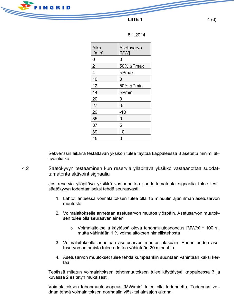 2 Säätökyvyn testaaminen kun reserviä ylläpitävä yksikkö vastaanottaa suodattamatonta aktivointisignaalia Jos reserviä ylläpitävä yksikkö vastaanottaa suodattamatonta signaalia tulee testit