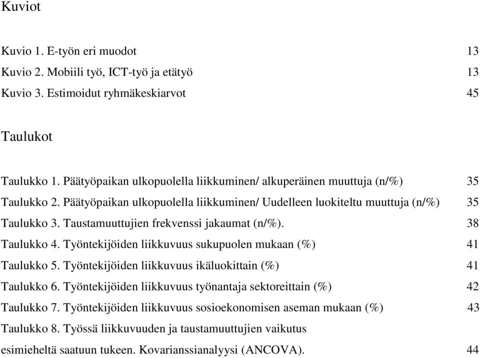 Taustamuuttujien frekvenssi jakaumat (n/%). 38 Taulukko 4. Työntekijöiden liikkuvuus sukupuolen mukaan (%) 41 Taulukko 5. Työntekijöiden liikkuvuus ikäluokittain (%) 41 Taulukko 6.
