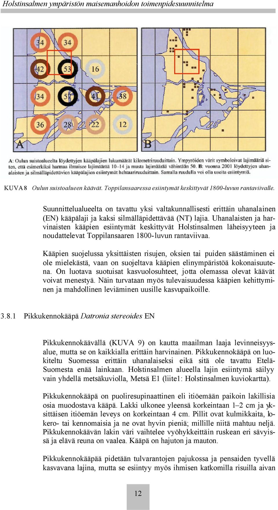 Uhanalaisten ja harvinaisten kääpien esiintymät keskittyvät Holstinsalmen läheisyyteen ja noudattelevat Toppilansaaren 1800-luvun rantaviivaa.