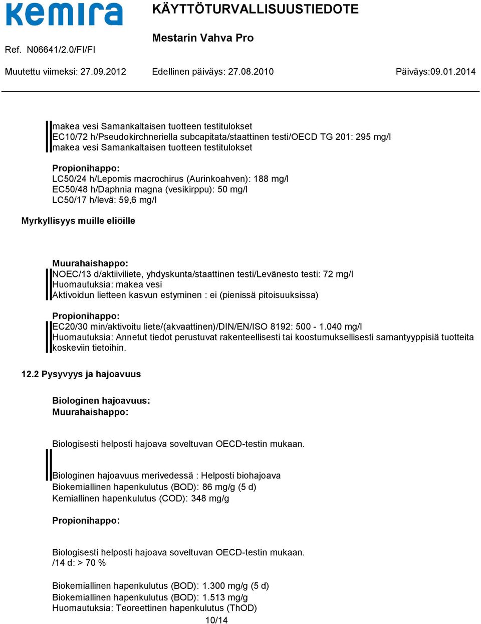 testi: 72 mg/l Huomautuksia: makea vesi Aktivoidun lietteen kasvun estyminen : ei (pienissä pitoisuuksissa) EC20/30 min/aktivoitu liete/(akvaattinen)/din/en/iso 8192: 500-1.