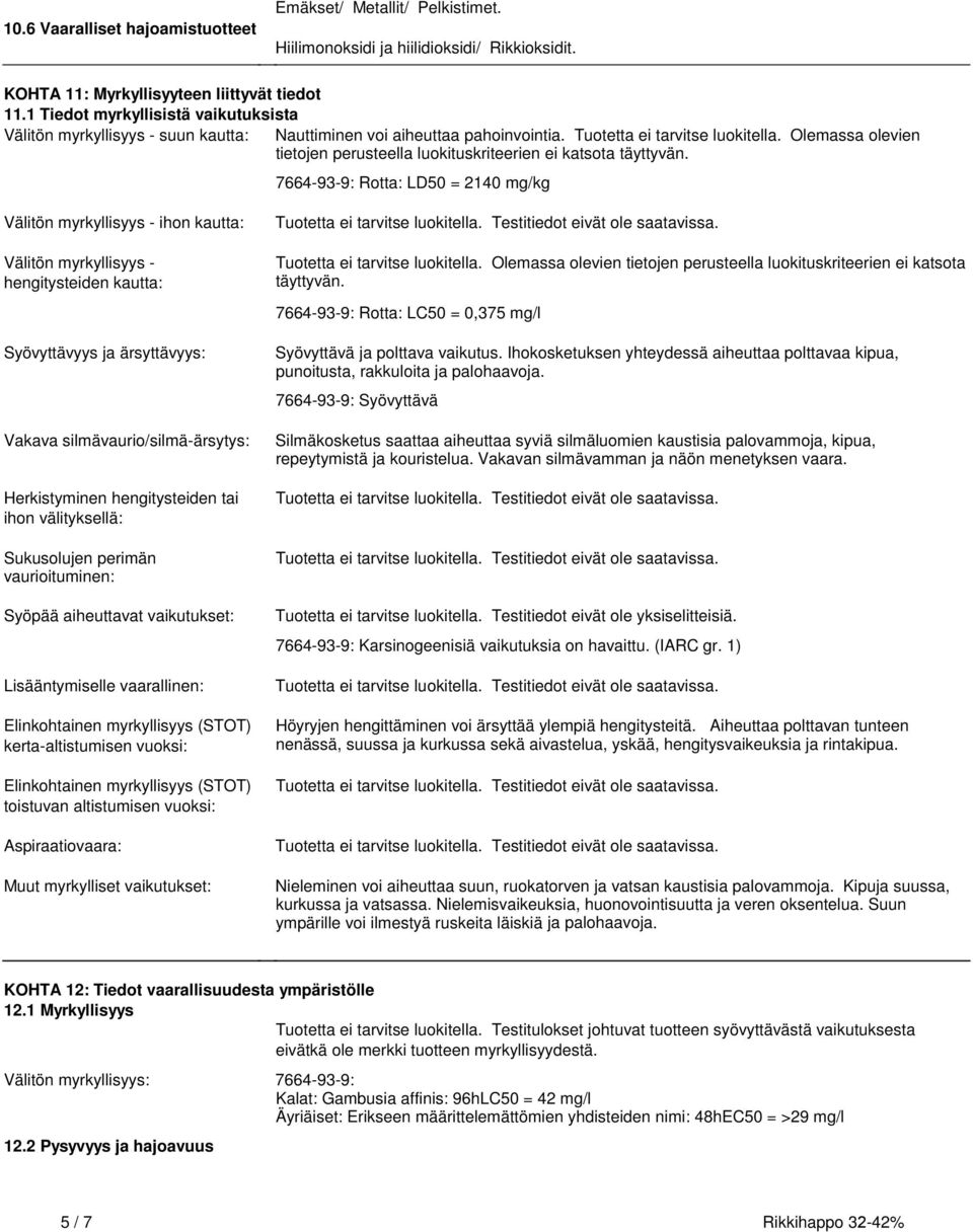 LD50 = 2140 mg/kg Välitön myrkyllisyys - ihon kautta: Välitön myrkyllisyys - hengitysteiden kautta: Tuotetta ei tarvitse luokitella Olemassa olevien tietojen perusteella luokituskriteerien ei katsota