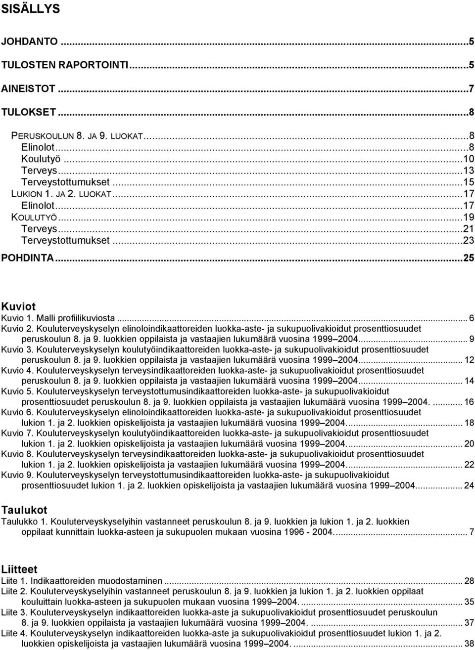 Kouluterveyskyselyn elinoloindikaattoreiden luokka-aste- ja sukupuolivakioidut prosenttiosuudet peruskoulun 8. ja 9. luokkien oppilaista ja vastaajien lukumäärä vuosina 1999 2004... 9 Kuvio 3.