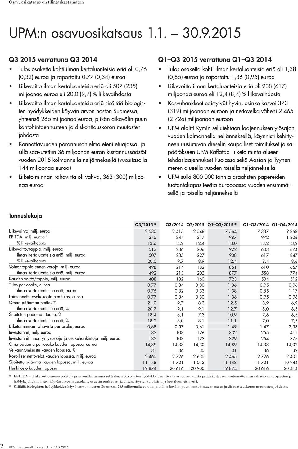 kantohintaennusteen ja diskonttauskoron muutosten johdosta Kannattavuuden parannusohjelma eteni etuajassa, ja sillä saavutettiin 36 miljoonan euron kustannussäästöt vuoden 2015 kolmannella