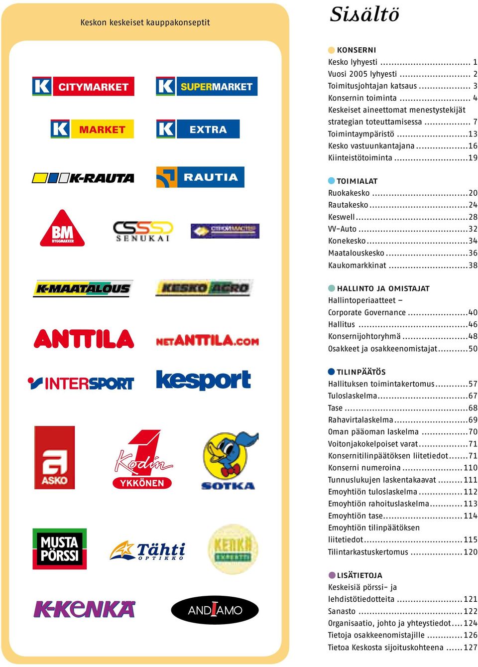 ..28 VV-Auto...32 Konekesko...34 Maatalouskesko...36 Kaukomarkkinat...38 hallinto ja omistajat Hallintoperiaatteet Corporate Governance...40 Hallitus...46 Konsernijohtoryhmä.