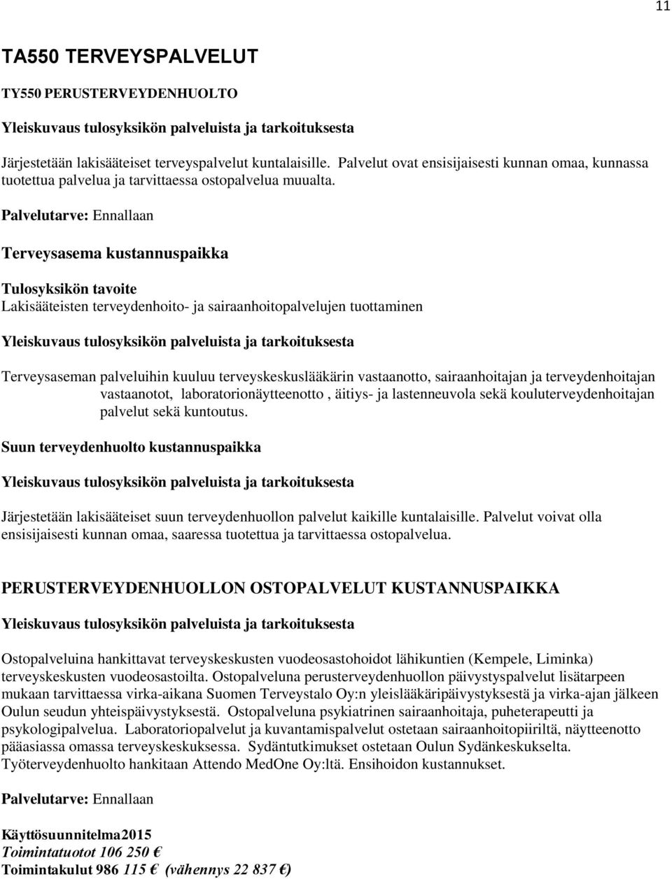 Palvelutarve: Ennallaan Terveysasema kustannuspaikka Lakisääteisten terveydenhoito- ja sairaanhoitopalvelujen tuottaminen Terveysaseman palveluihin kuuluu terveyskeskuslääkärin vastaanotto,