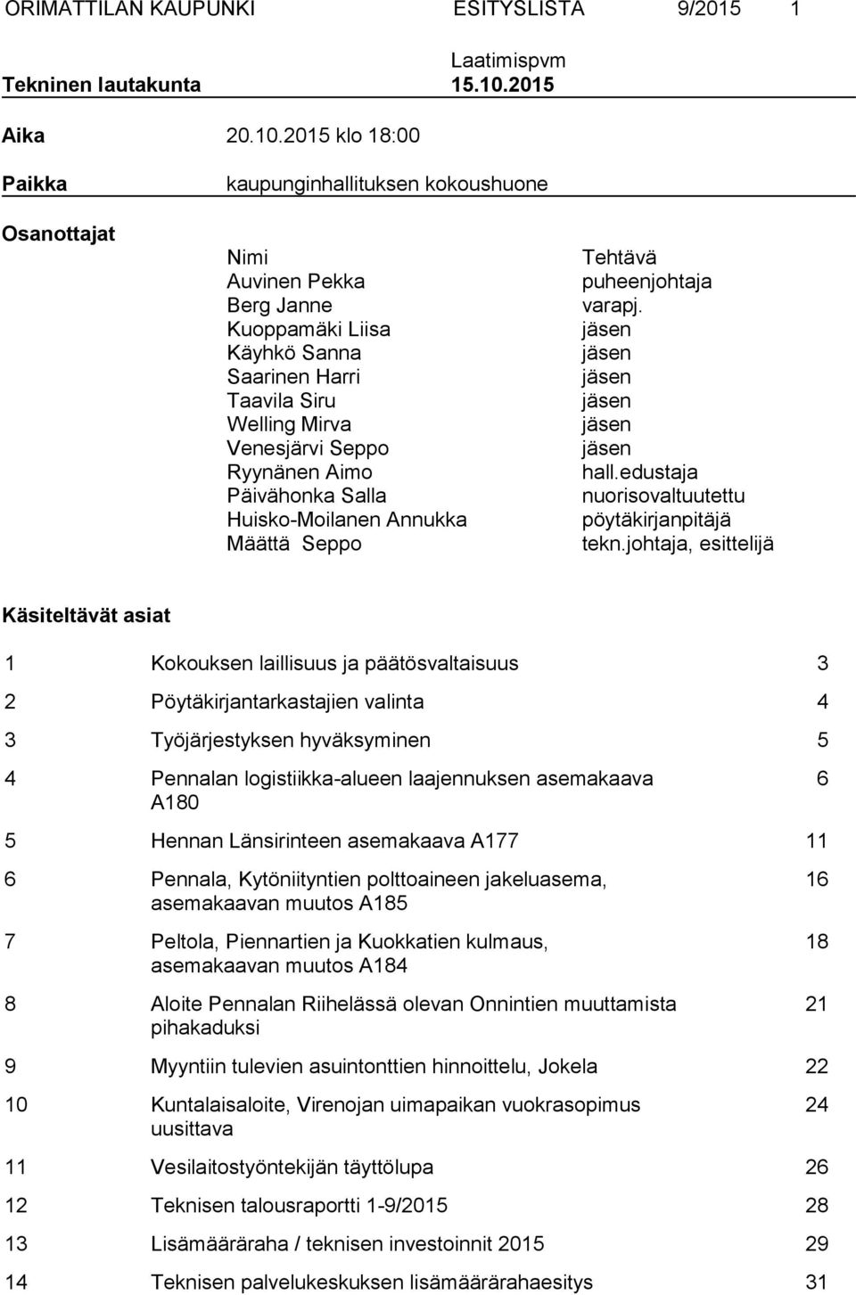 2015 klo 18:00 Paikka Osanottajat kaupunginhallituksen kokoushuone Nimi Auvinen Pekka Berg Janne Kuoppamäki Liisa Käyhkö Sanna Saarinen Harri Taavila Siru Welling Mirva Venesjärvi Seppo Ryynänen Aimo