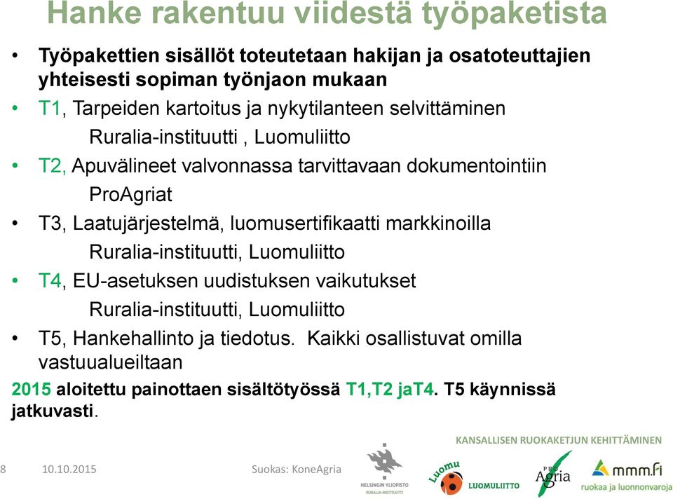 luomusertifikaatti markkinoilla Ruralia-instituutti, Luomuliitto T4, EU-asetuksen uudistuksen vaikutukset Ruralia-instituutti, Luomuliitto T5, Hankehallinto