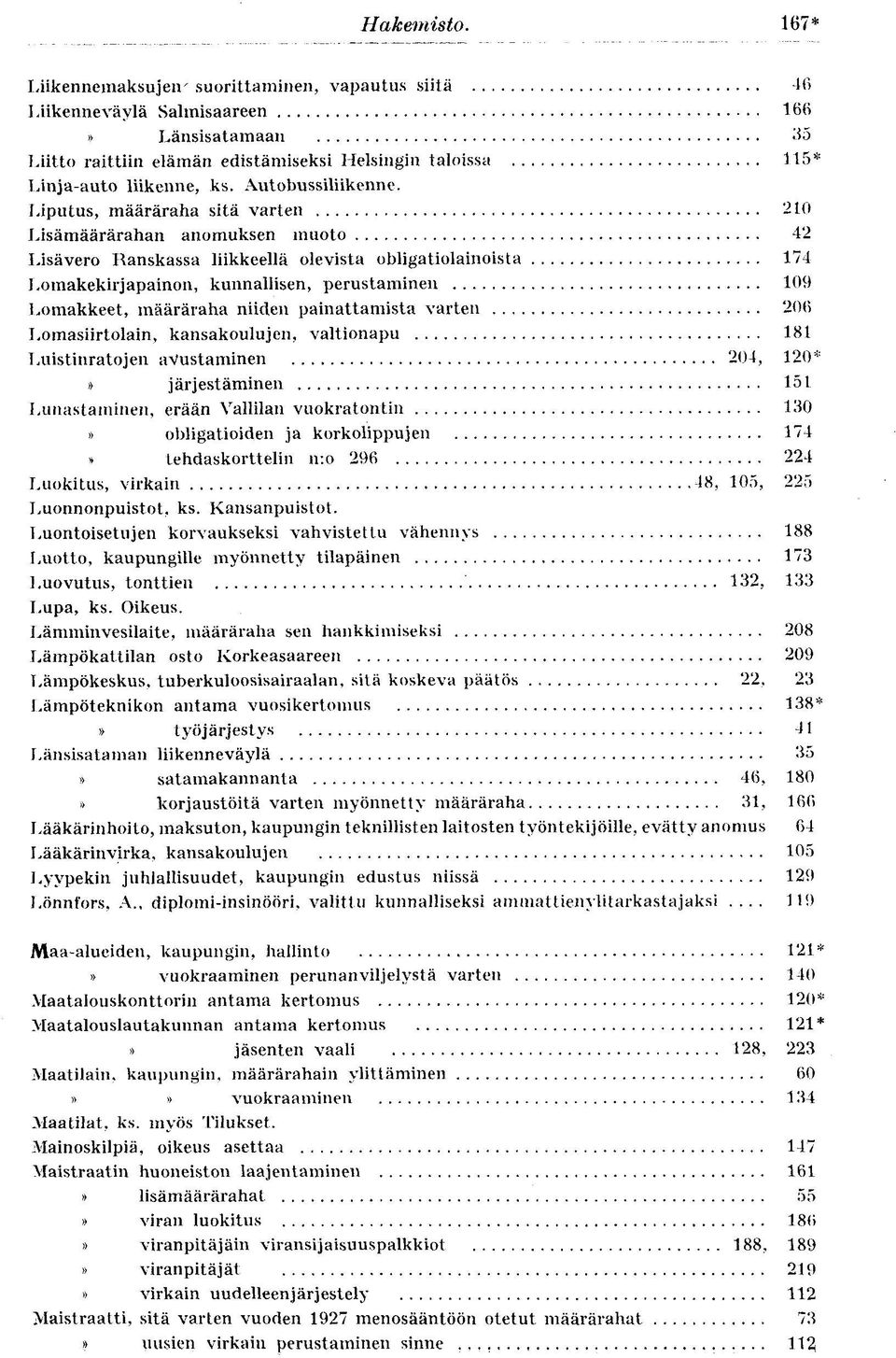 Liputus, määräraha sitä varten 210 Lisämäärärahan anomuksen muoto 42 Lisävero Ranskassa liikkeellä olevista obligatiolainoista 174 Lomakekirjapainon, kunnallisen, perustaminen 109 Lomakkeet,