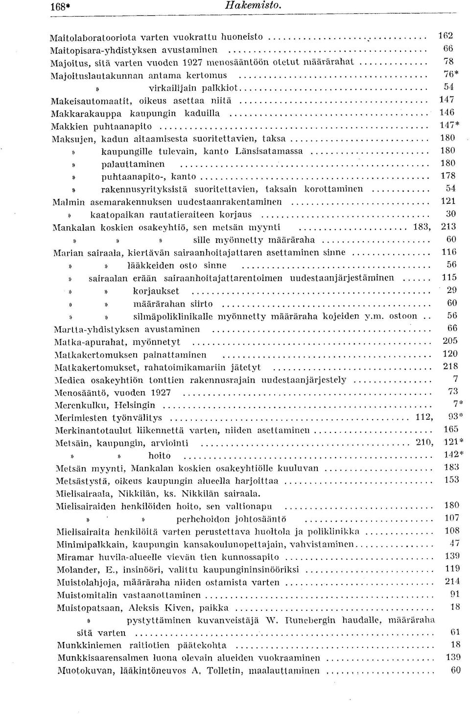 virkailijain palkkiot 54 Makeisautomaatit, oikeus asettaa niitä 147 Makkarakauppa kaupungin kaduilla 146 Makkien puhtaanapito 147 Maksujen, kadun aitaamisesta suoritettavien, taksa 180 kaupungille