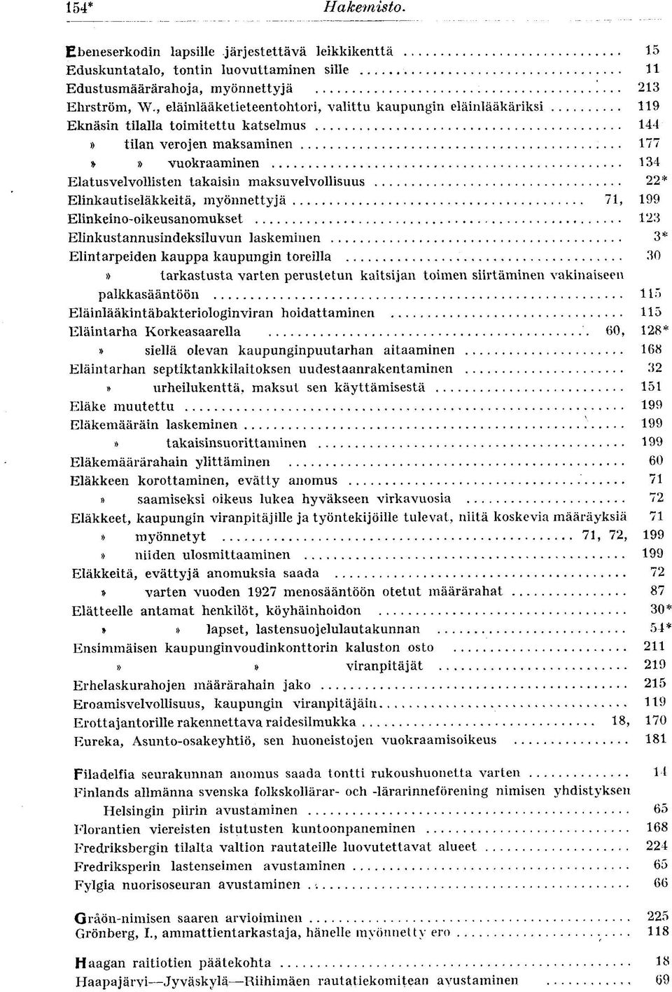22* Elinkautiseläkkeitä, myönnettyjä 71, 199 Elinkeino-oikeusanomukset 123 Elinkustannusindeksiluvun laskeminen 3* Elintarpeiden kauppa kaupungin toreilla 30 tarkastusta varten perustetun kaitsijan