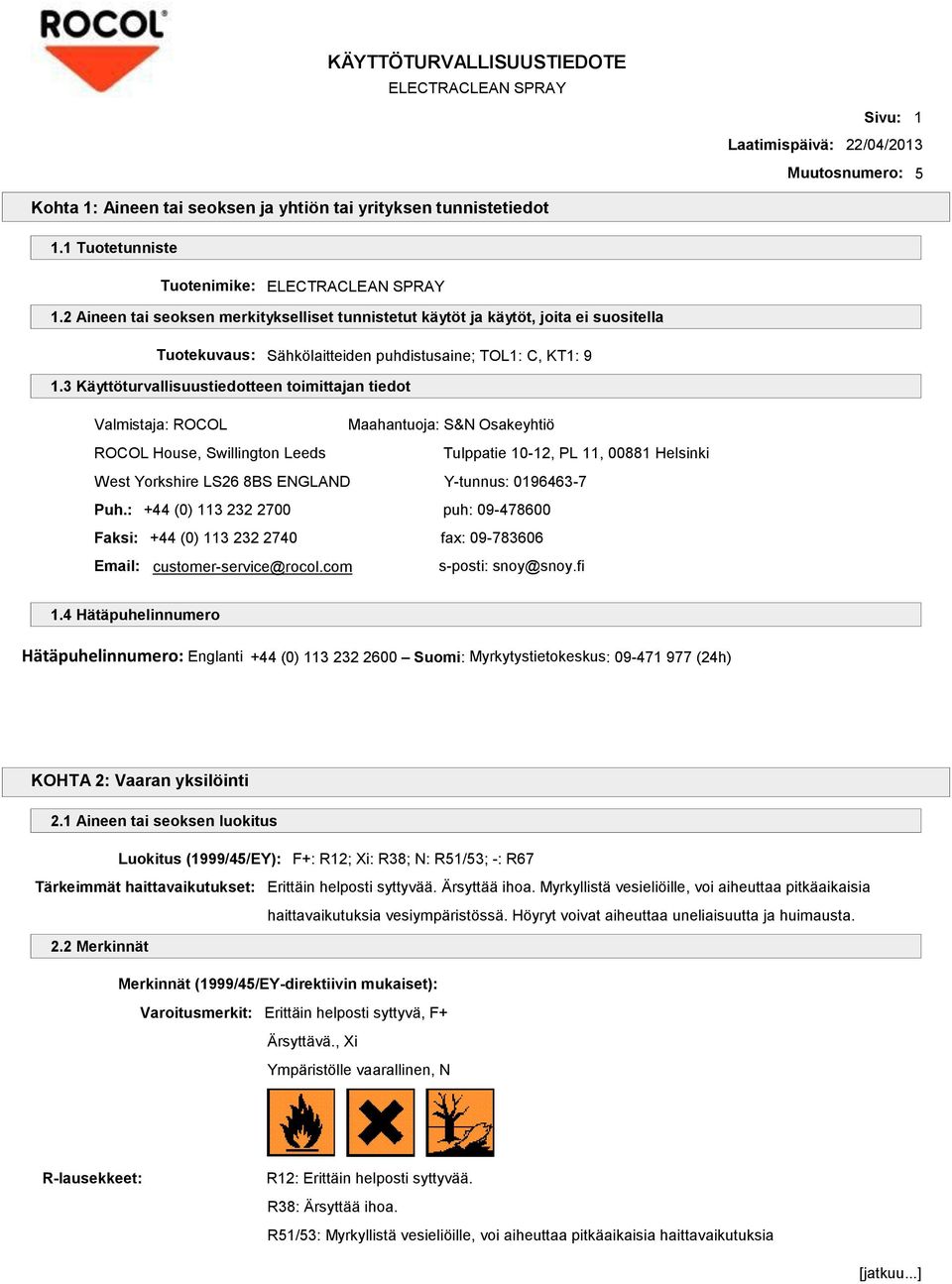 3 Käyttöturvallisuustiedotteen toimittajan tiedot Valmistaja: ROCOL Maahantuoja: S&N Osakeyhtiö ROCOL House, Swillington Leeds Tulppatie 10-12, PL 11, 00881 Helsinki West Yorkshire LS26 8BS ENGLAND