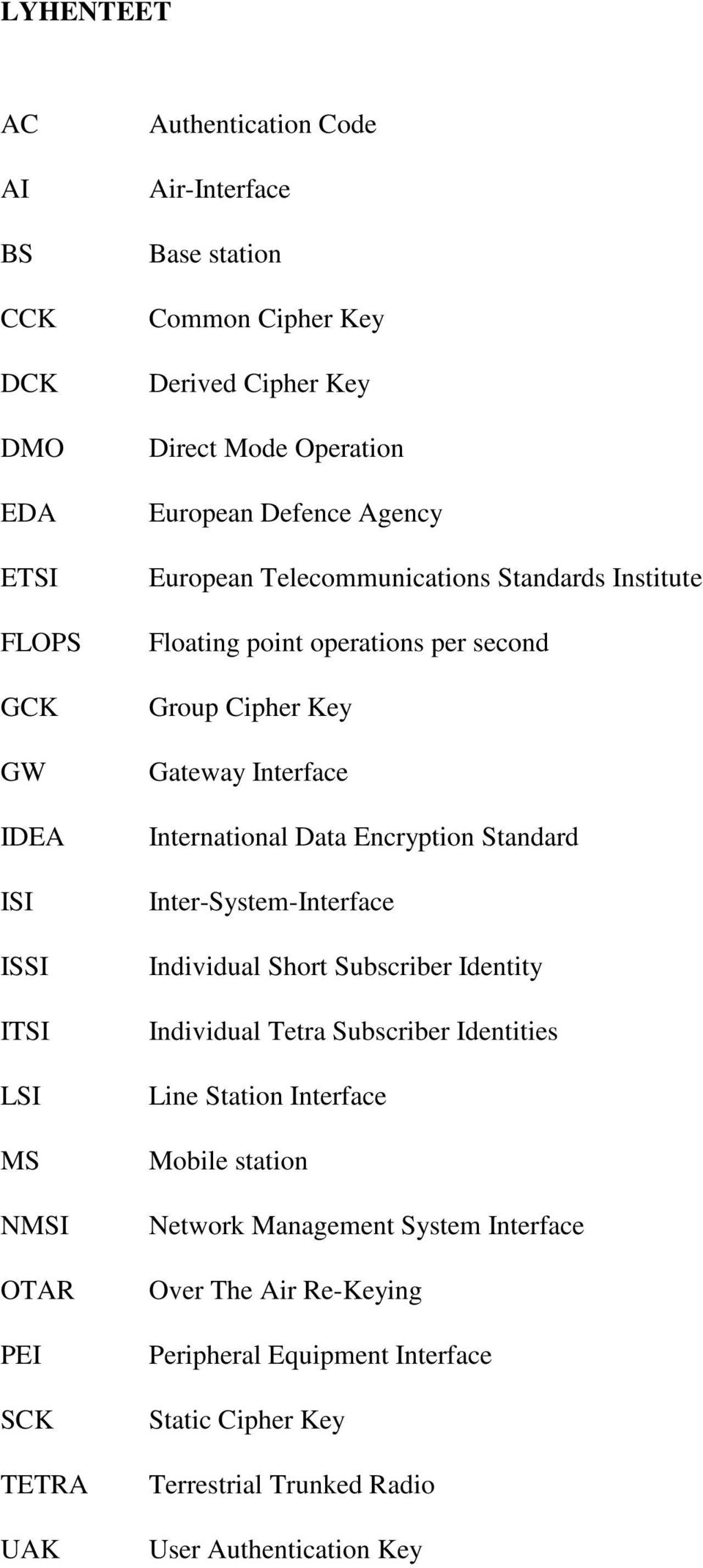 Gateway Interface International Data Encryption Standard Inter-System-Interface Individual Short Subscriber Identity Individual Tetra Subscriber Identities Line Station