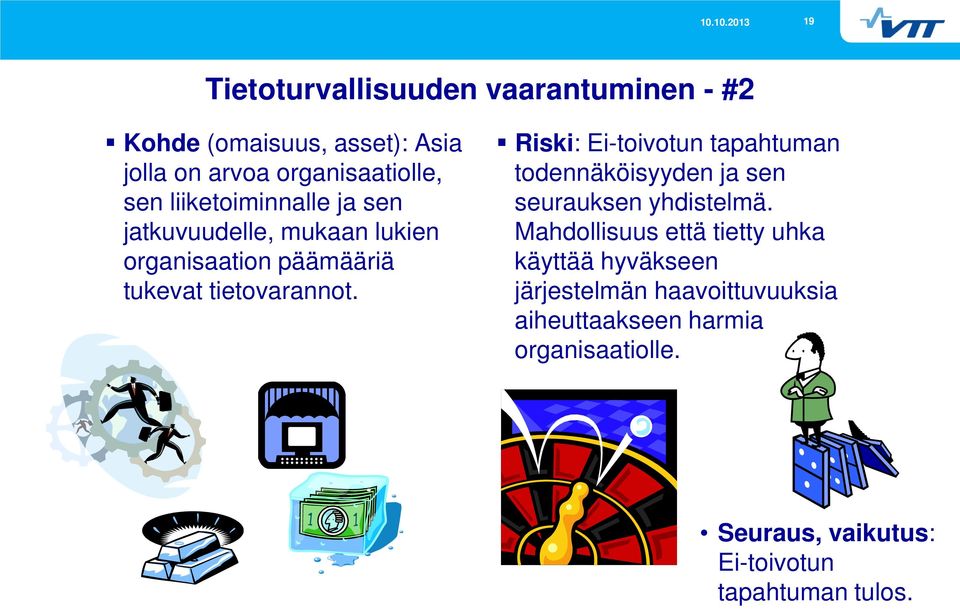 Riski: Ei-toivotun tapahtuman todennäköisyyden ja sen seurauksen yhdistelmä.