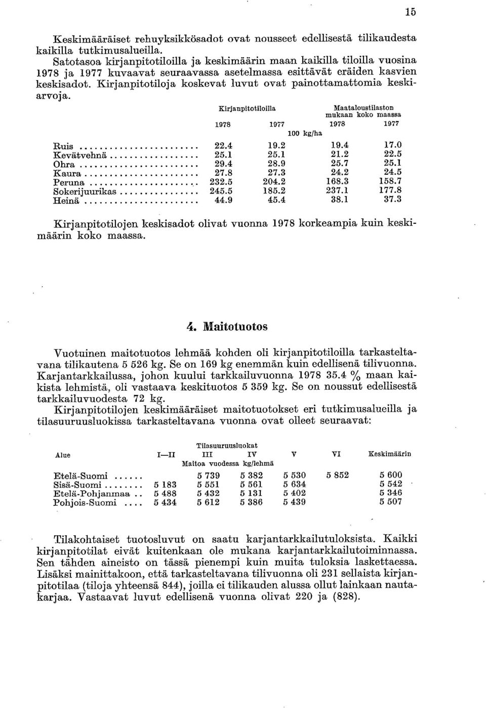 Kirjanpitotiloja koskevat luvut ovat painottamattomia keskiarvoja. Kirjanpitotiloilla Maataloustilaston mukaan koko maassa 1978 1977 1978 1977 100 kg/ha Ruis 22.4 19.2 19.4 17.0 Kevätvehnä 25.1 25.