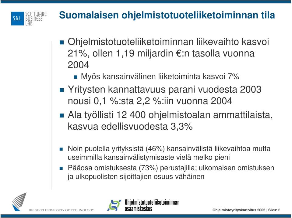 ohjelmistoalan ammattilaista, kasvua edellisvuodesta 3,3% Noin puolella yrityksistä (46%) kansainvälistä liikevaihtoa mutta useimmilla