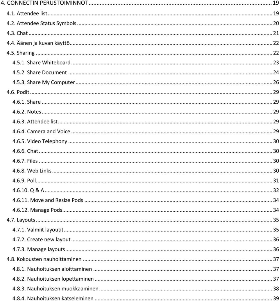 Files... 30 4.6.8. Web Links... 30 4.6.9. Poll... 31 4.6.10. Q & A... 32 4.6.11. Move and Resize Pods... 34 4.6.12. Manage Pods... 34 4.7. Layouts... 35 4.7.1. Valmiit layoutit... 35 4.7.2. Create new layout.