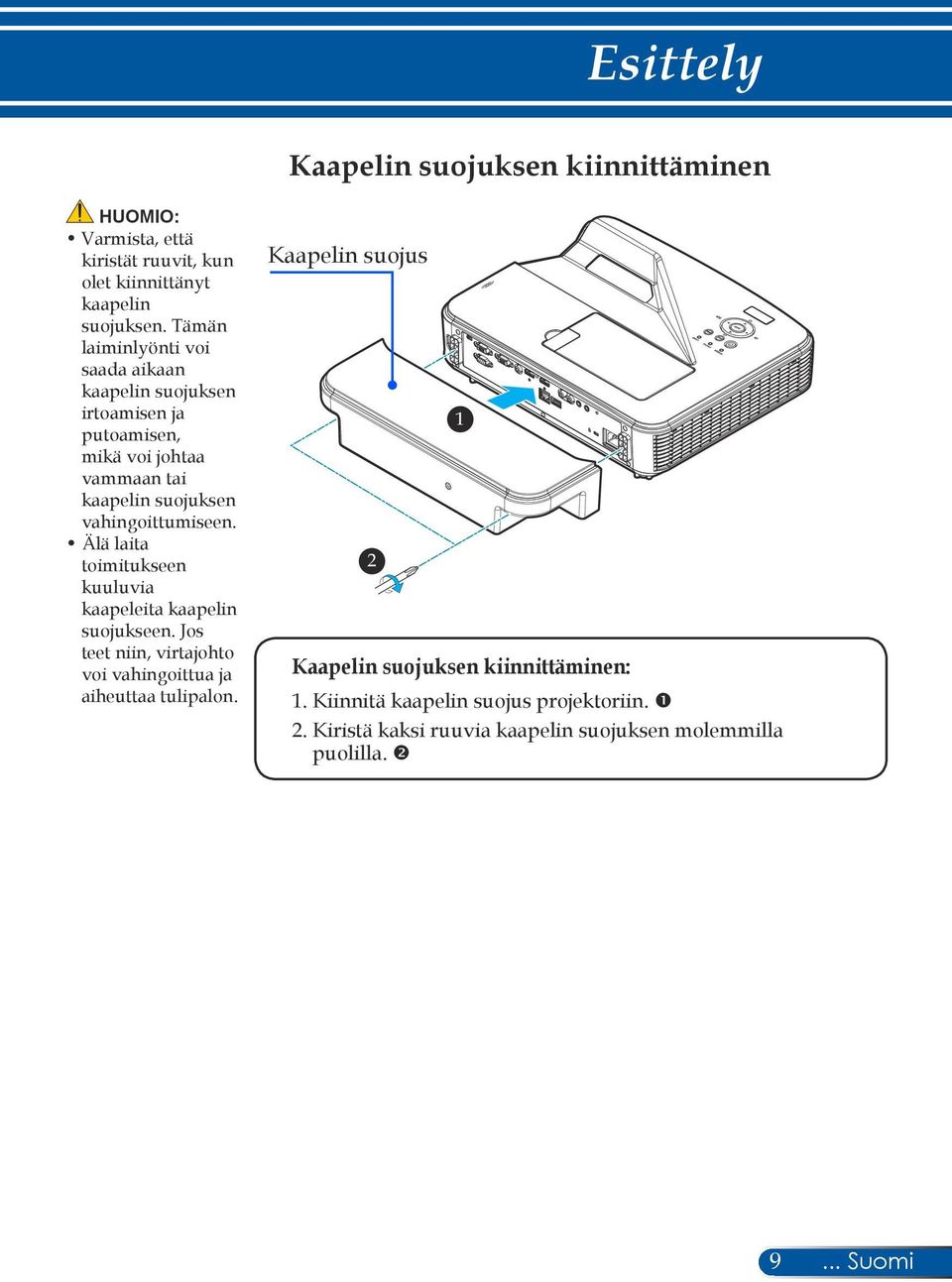 vahingoittumiseen. Älä laita toimitukseen kuuluvia kaapeleita kaapelin suojukseen.