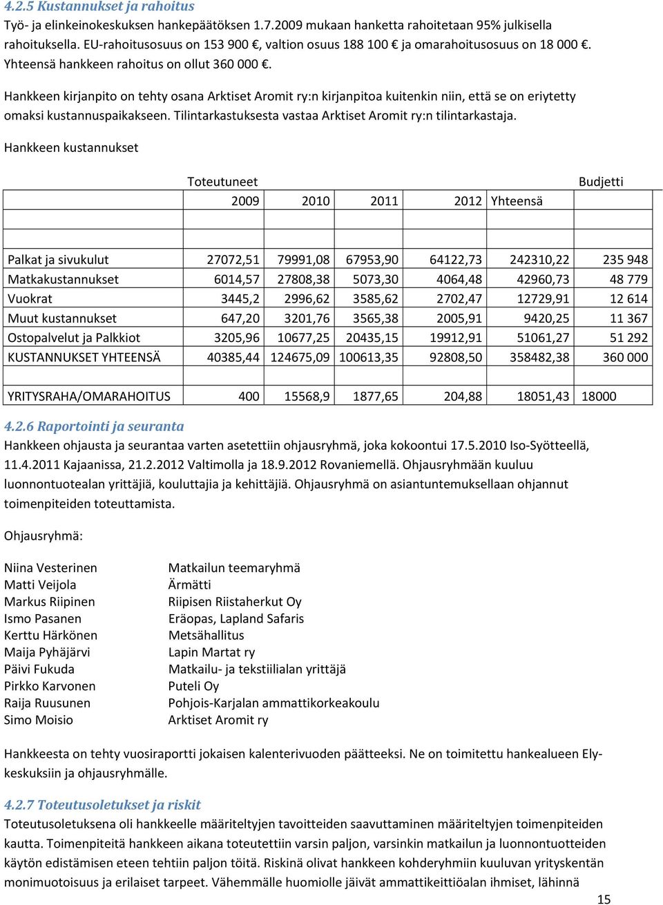 Hankkeen kirjanpito on tehty osana Arktiset Aromit ry:n kirjanpitoa kuitenkin niin, että se on eriytetty omaksi kustannuspaikakseen. Tilintarkastuksesta vastaa Arktiset Aromit ry:n tilintarkastaja.