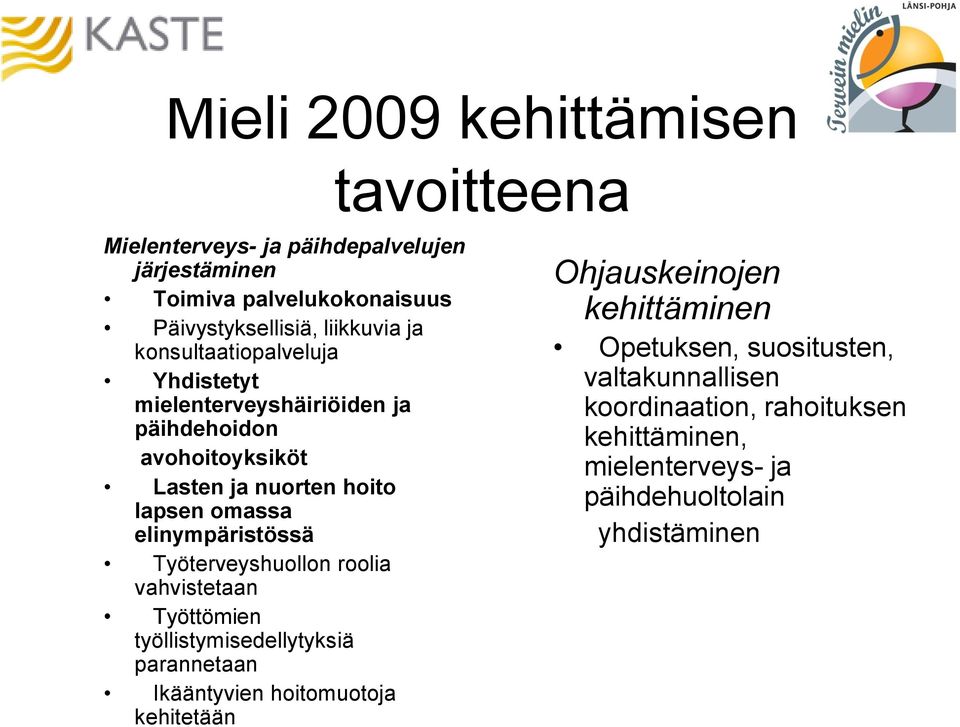 elinympäristössä Työterveyshuollon roolia vahvistetaan Työttömien työllistymisedellytyksiä parannetaan Ikääntyvien hoitomuotoja kehitetään