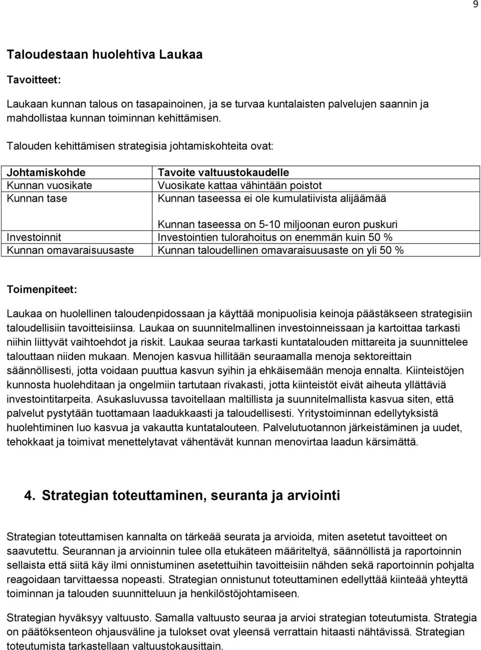 alijäämää Kunnan taseessa on 5-10 miljoonan euron puskuri Investoinnit Investointien tulorahoitus on enemmän kuin 50 % Kunnan omavaraisuusaste Kunnan taloudellinen omavaraisuusaste on yli 50 %
