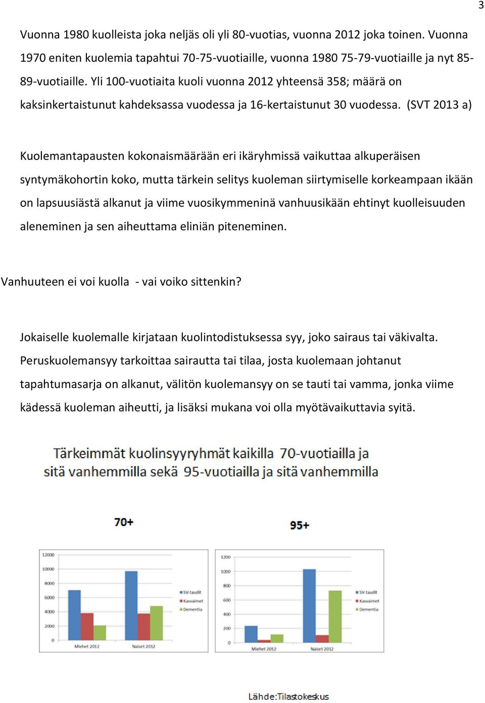 (SVT 2013 a) Kuolemantapausten kokonaismäärään eri ikäryhmissä vaikuttaa alkuperäisen syntymäkohortin koko, mutta tärkein selitys kuoleman siirtymiselle korkeampaan ikään on lapsuusiästä alkanut ja