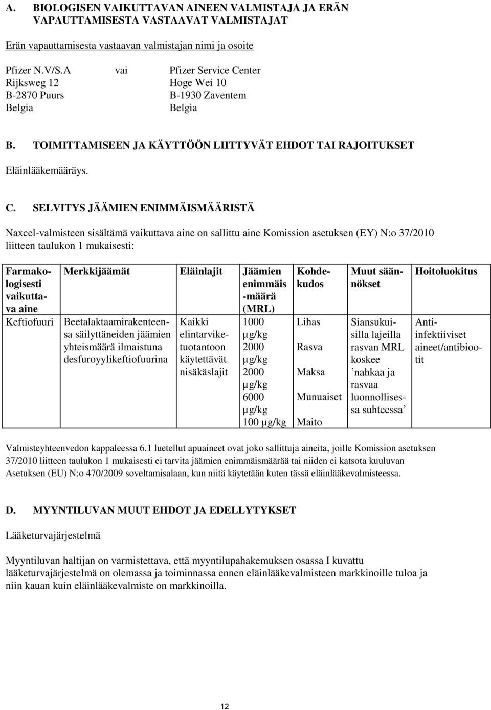 nter Rijksweg 12 Hoge Wei 10 B-2870 Puurs B-1930 Zaventem Belgia Belgia B. TOIMITTAMISEEN JA KÄYTTÖÖN LIITTYVÄT EHDOT TAI RAJOITUKSET Eläinlääkemääräys. C.