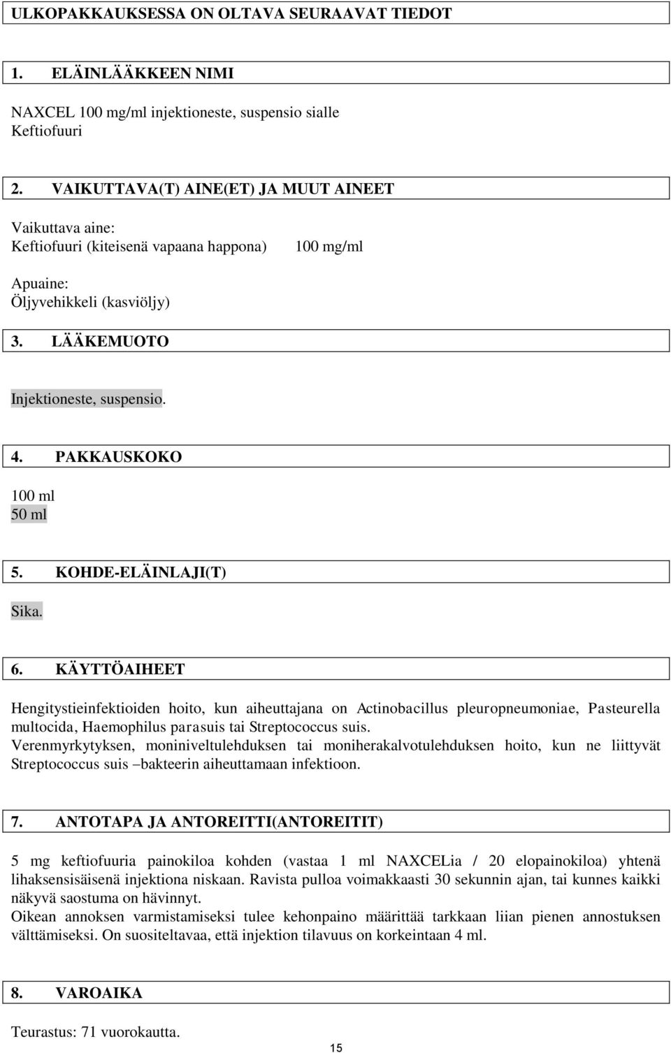 PAKKAUSKOKO 100 ml 50 ml 5. KOHDE-ELÄINLAJI(T) Sika. 6.