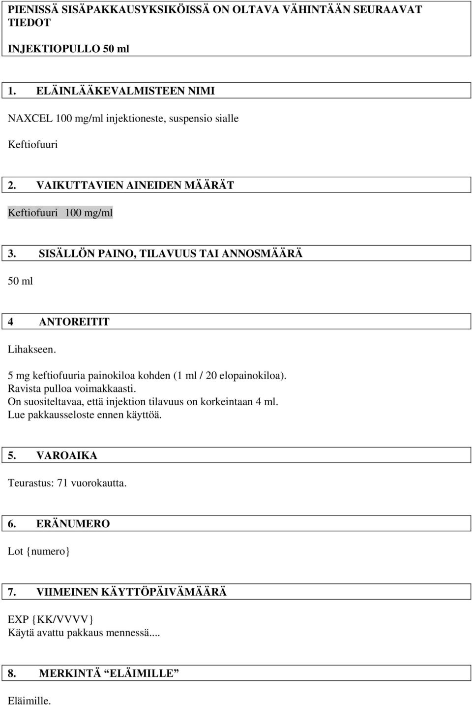 SISÄLLÖN PAINO, TILAVUUS TAI ANNOSMÄÄRÄ 50 ml 4 ANTOREITIT Lihakseen. 5 mg keftiofuuria painokiloa kohden (1 ml / 20 elopainokiloa). Ravista pulloa voimakkaasti.