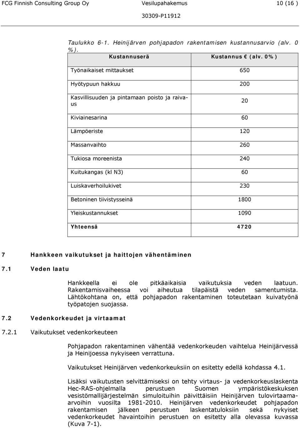 Luiskaverhoilukivet 230 Betoninen tiivistysseinä 1800 Yleiskustannukset 1090 Yhteensä 4720 7 Hankkeen vaikutukset ja haittojen vähentäminen 7.1 Veden laatu 7.2 Vedenkorkeudet ja virtaamat 7.2.1 Vaikutukset vedenkorkeuteen Hankkeella ei ole pitkäaikaisia vaikutuksia veden laatuun.