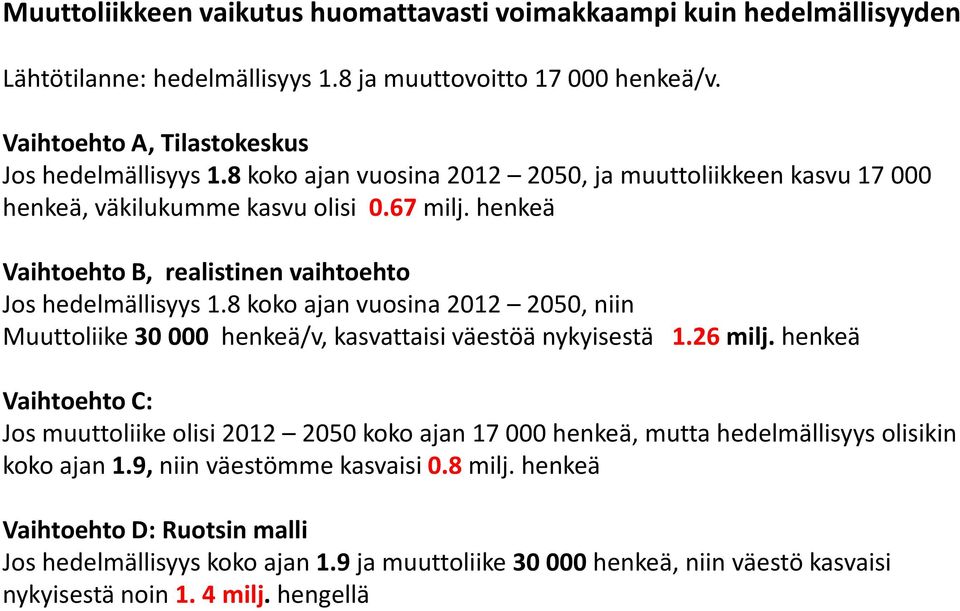 8 koko ajan vuosina 2012 2050, niin Muuttoliike 30 000 henkeä/v, kasvattaisi väestöä nykyisestä 1.26 milj.