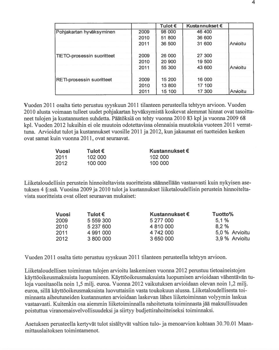 Vuoden 2010 alusta voimaan tulleet uudet pohj akartan hyväksymistä koskevat aiemmat hinnat ovat tasoitta neet tulojen ja kustannusten suhdetta.