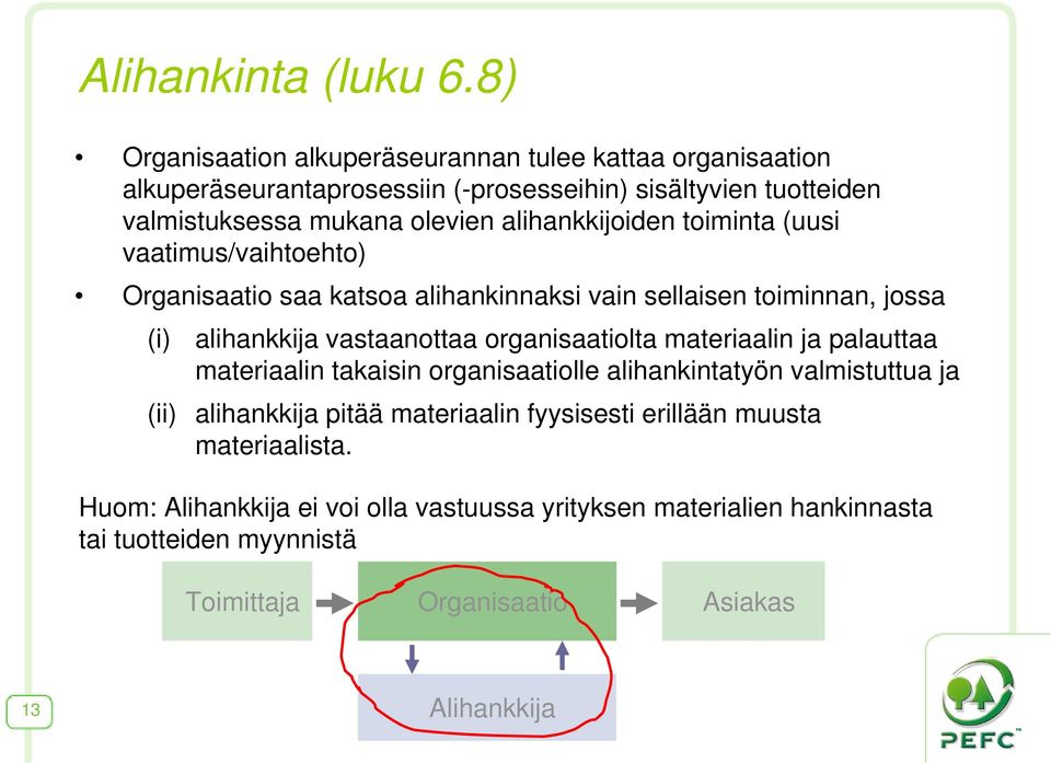 alihankkijoiden toiminta (uusi vaatimus/vaihtoehto) Organisaatio saa katsoa alihankinnaksi vain sellaisen toiminnan, jossa (i) alihankkija vastaanottaa