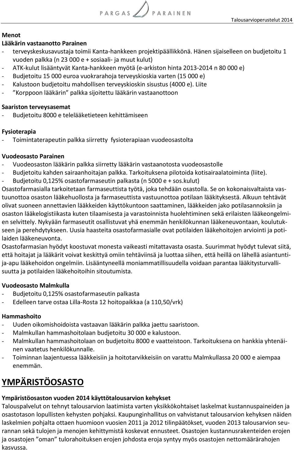 vuokrarahoja terveyskioskia varten (15 000 e) - Kalustoon budjetoitu mahdollisen terveyskioskin sisustus (4000 e).