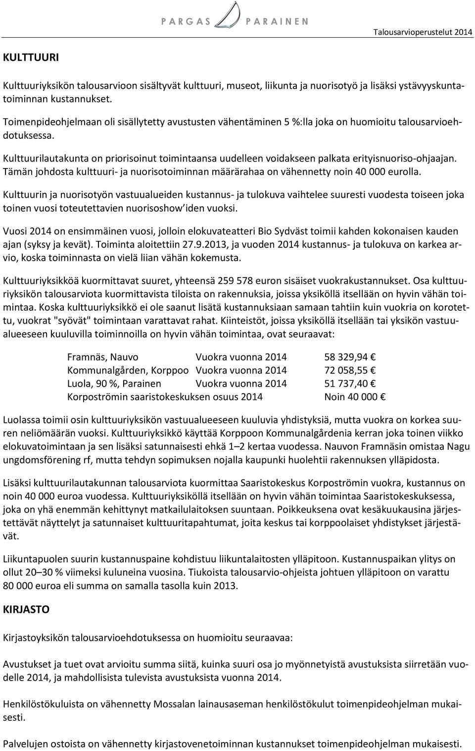 Kulttuurilautakunta on priorisoinut toimintaansa uudelleen voidakseen palkata erityisnuoriso-ohjaajan. Tämän johdosta kulttuuri- ja nuorisotoiminnan määrärahaa on vähennetty noin 40 000 eurolla.