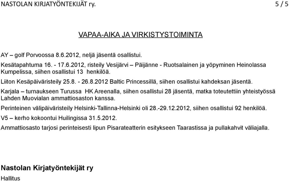 Liiton Kesäpäiväristeily 25.8. - 26.8.2012 Baltic Princessillä, siihen osallistui kahdeksan jäsentä.