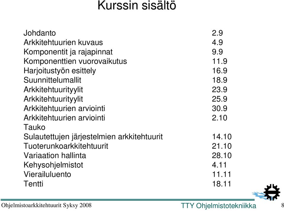 9 Arkkitehtuurityylit 25.9 Arkkitehtuurien arviointi 30.9 Arkkitehtuurien arviointi 2.