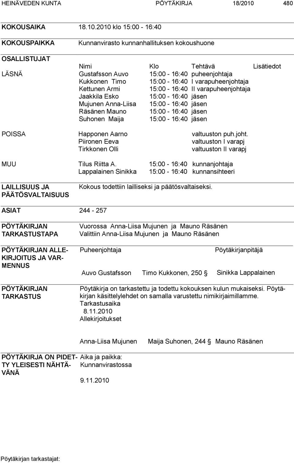 2010 klo 15:00-16:40 KOKOUSPAIKKA Kunnanvirasto kunnanhallituksen kokoushuone OSALLISTUJAT Nimi Klo Tehtävä Lisätiedot LÄSNÄ Gustafsson Auvo 15:00-16:40 puheenjohtaja Kukkonen Timo 15:00-16:40 I