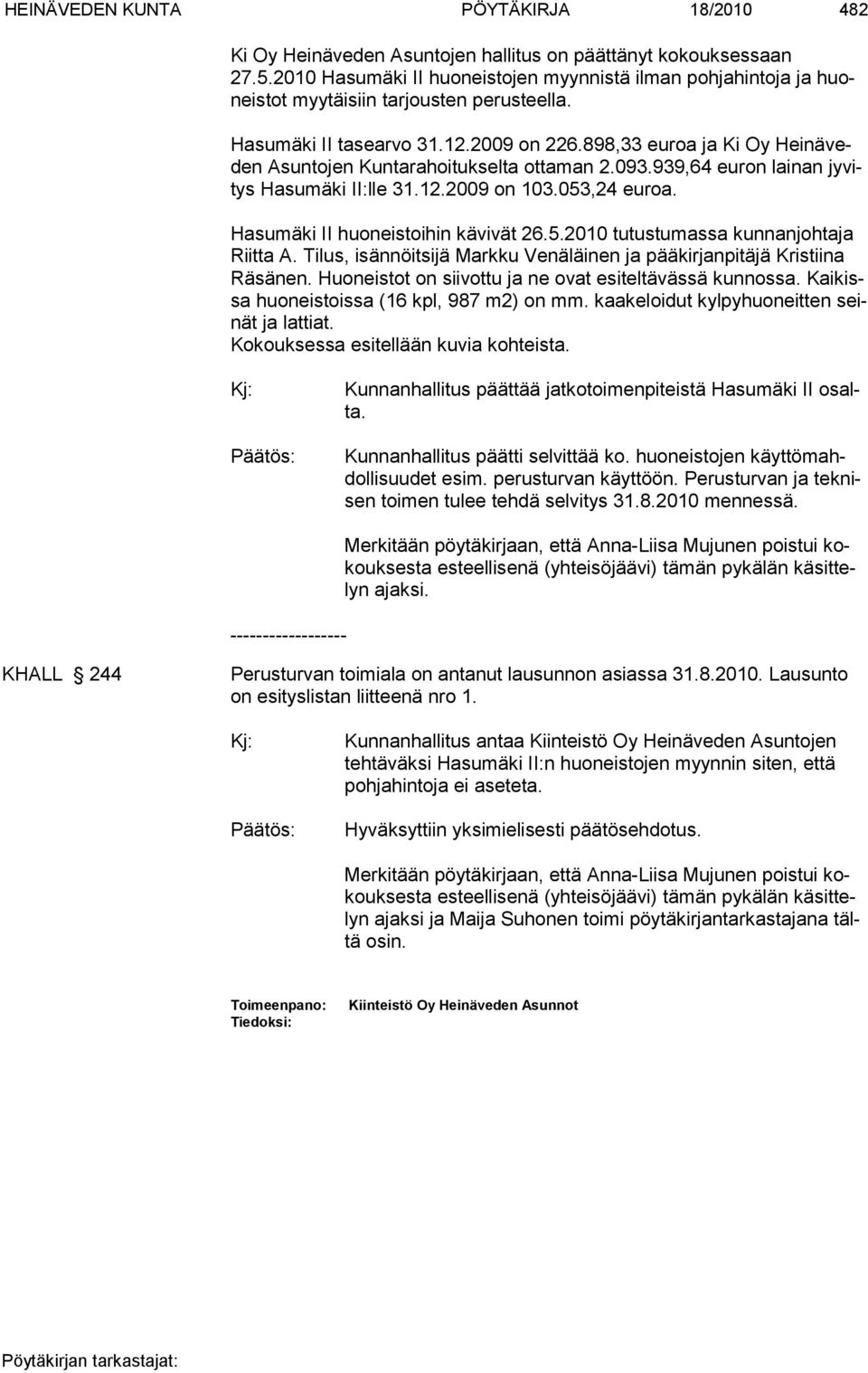 898,33 euroa ja Ki Oy Heinäveden Asuntojen Kuntarahoi tukselta ottaman 2.093.939,64 euron lainan jyvitys Hasumäki II:lle 31.12.2009 on 103.053,24 euroa. Hasumäki II huoneistoihin kävivät 26.5.2010 tutustumassa kunnanjohtaja Riitta A.