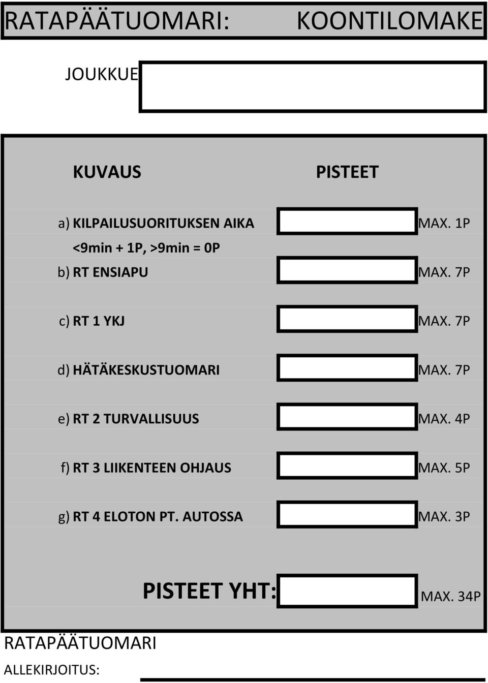 7P d) HÄTÄKESKUSTUOMARI MAX. 7P e) RT 2 TURVALLISUUS MAX.