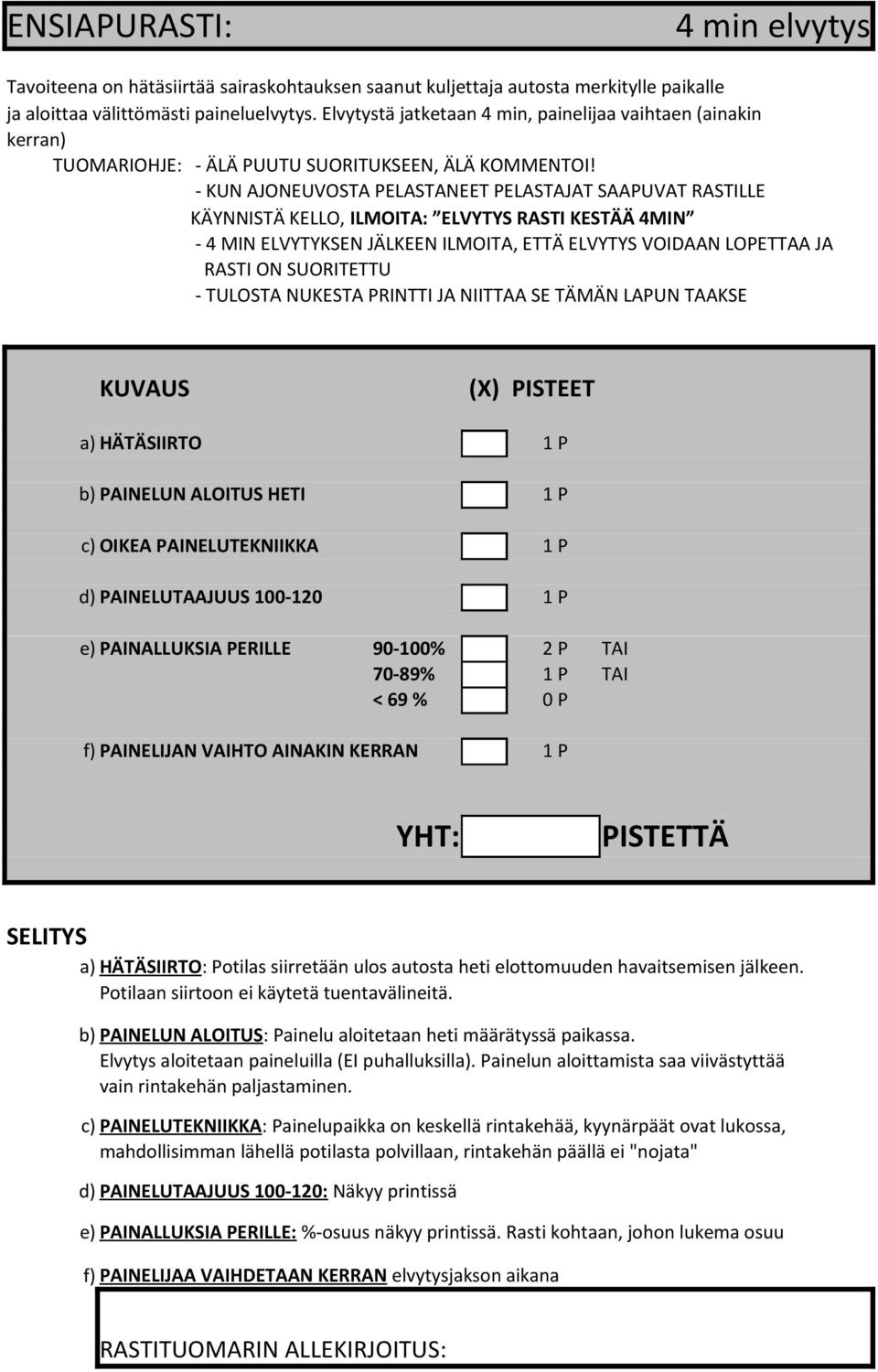 - KUN AJONEUVOSTA PELASTANEET PELASTAJAT SAAPUVAT RASTILLE KÄYNNISTÄ KELLO, ILMOITA: ELVYTYS RASTI KESTÄÄ 4MIN - 4 MIN ELVYTYKSEN JÄLKEEN ILMOITA, ETTÄ ELVYTYS VOIDAAN LOPETTAA JA RASTI ON SUORITETTU